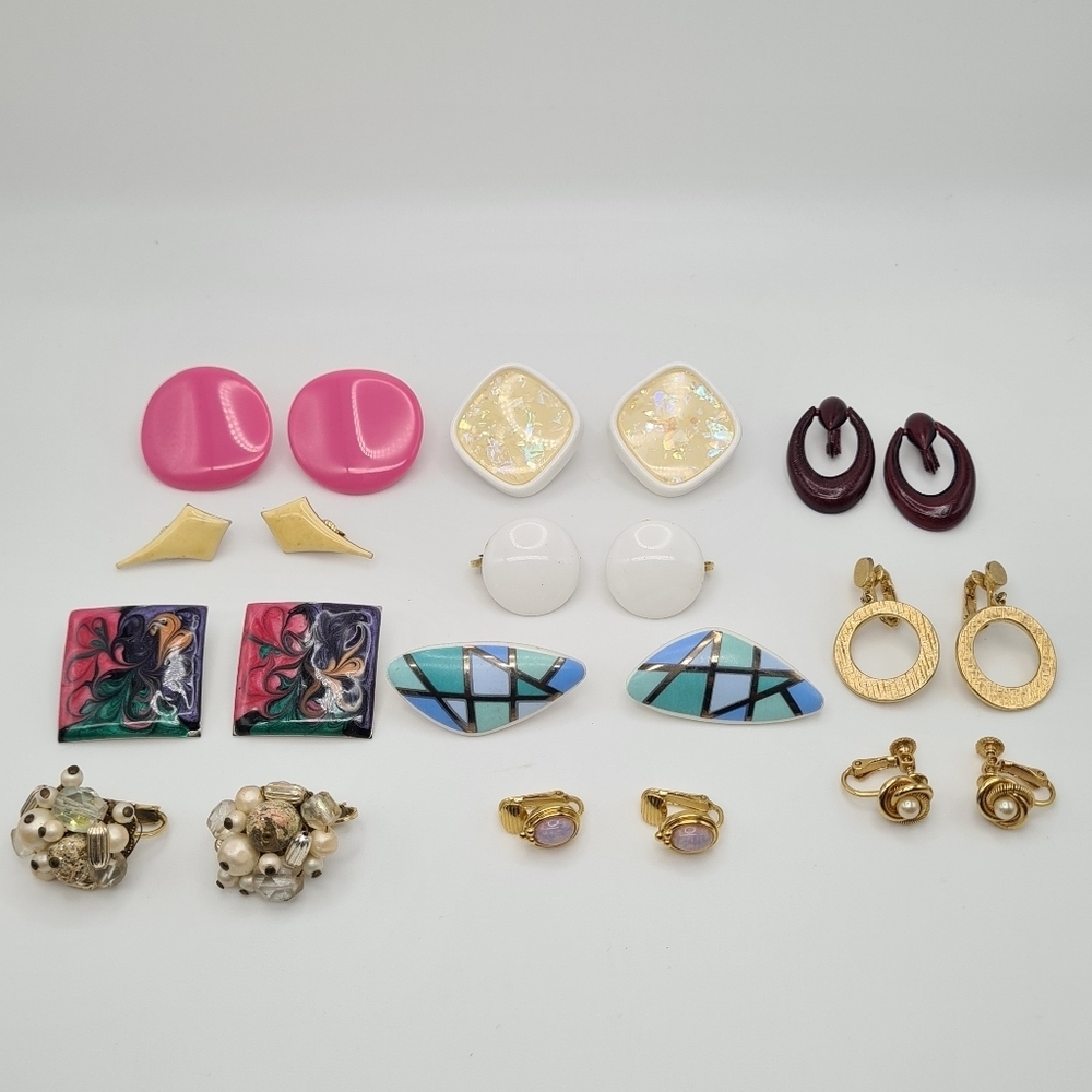 Vintage Clip On Earrings Lot of 11 Pairs Unique Retro Colorful